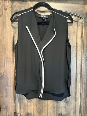 DKNY Black Sleeveless V-Neck Top with White Trim